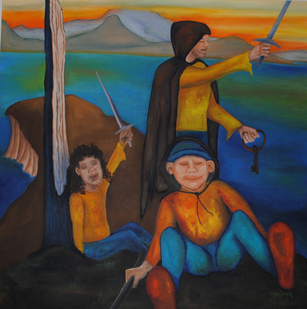 Les conquérents, 30" x 30' - Création: Ils ont conquis leur île, style naïf - They conquered their island. Naive style of painting.