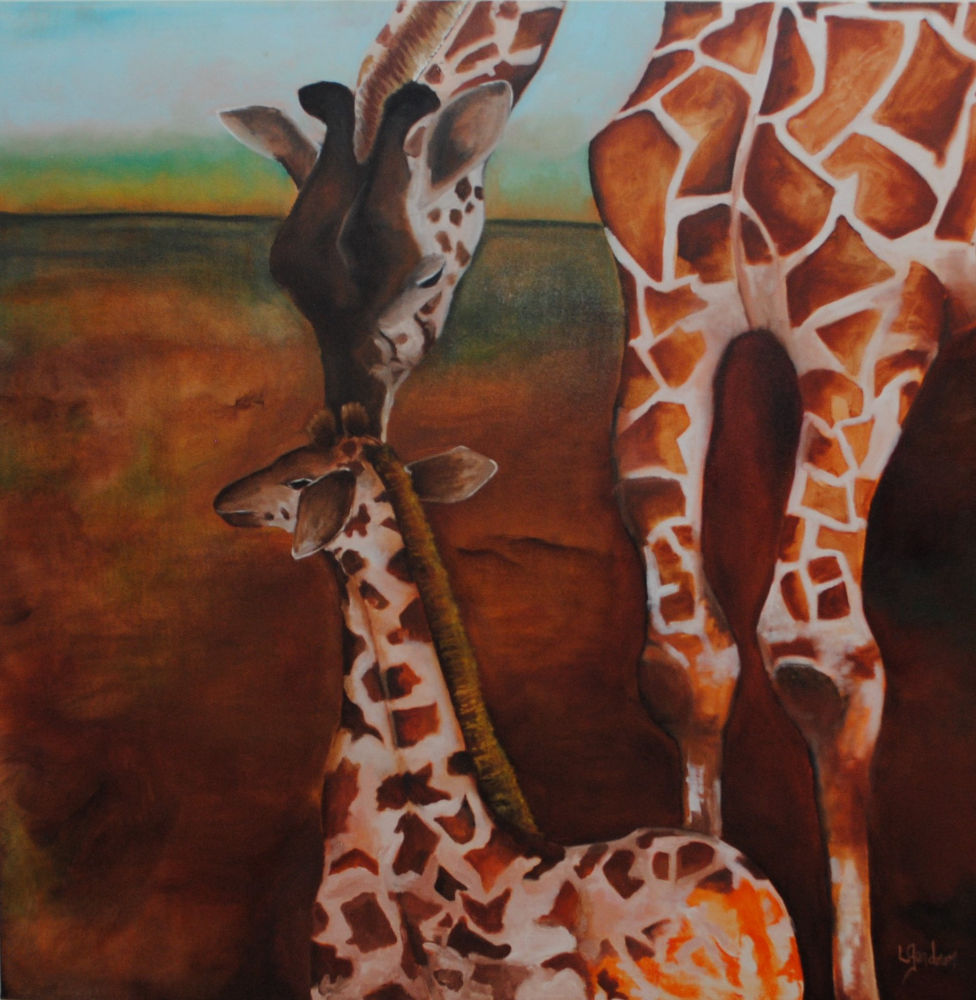 Les giraffes, 30" x 30" - Création: Utilisation de mon fond de toile...l'arrière train du girafon - Creation: Using my canvas background...the back of the giraffe.