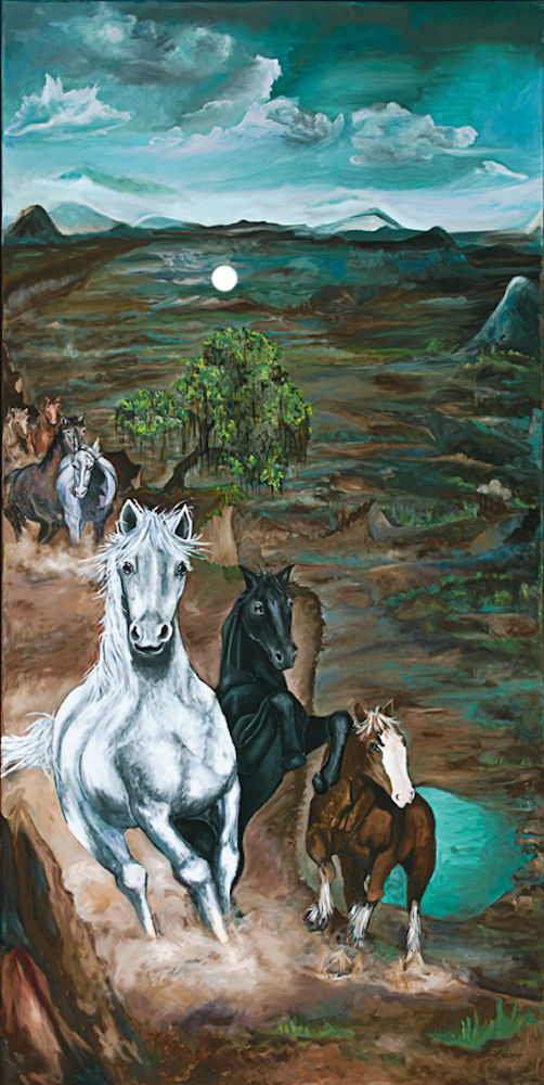 Liberté sauvage, 48" x 24"- On veut tous être libre, libre de qui, de quoi, libre de tout. Lorsque l’on regarde ces chevaux, on voudrait pouvoir les accompagner dans leur voyage. - We all want to be free, free from who, from what, free from everything. When you look at these horses, you would like to be able to accompany them on their journey.