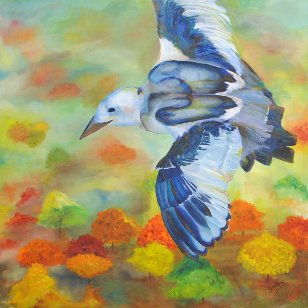 Oiseau bleu, 30" x 30" -Création: Oiseau vu de haut - style naïf - Creation: Bird seen from above - naive style of painting