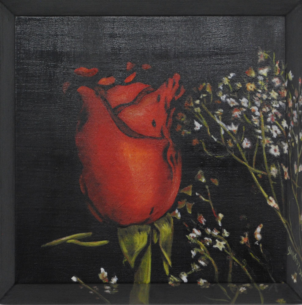 Rose rouge, 8" x 8" - J'aime beaucoup les fleurs, il est certain que plusieurs de mes toiles représentent des fleurs. - I really like flowers, you can see that several of my paintings feature flowers.