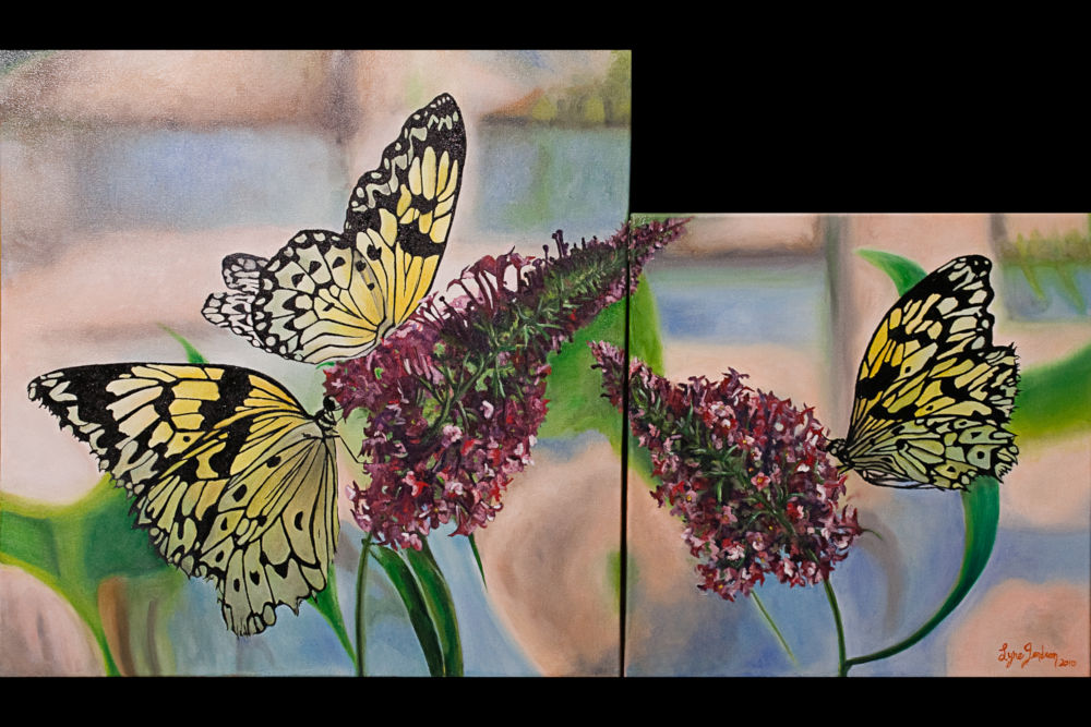 Trio de papillons en duo..., 24" x 24" + 18" x 18" - Trois papillons sur 2 toiles. Hyper-réalisme, flou, ... - Three butterflies on 2 canvases. Hyper-realism, blur, etc...