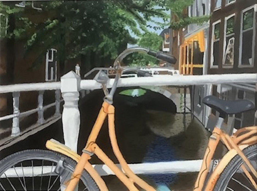 Amsterdam et ses canaux et ses vélos - Huile sur toile - 16po x 18 po