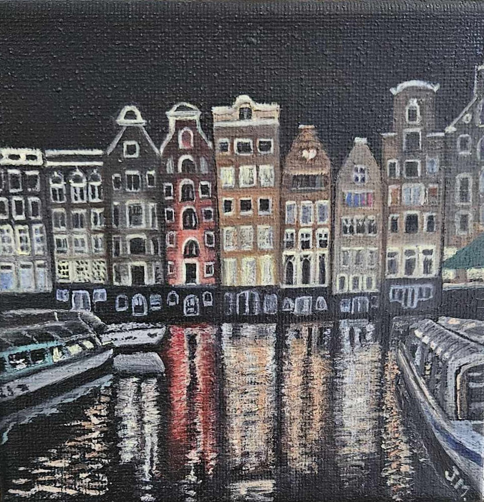 Lueurs d'Amsterdam - Huile sur toile - 5po x 5po