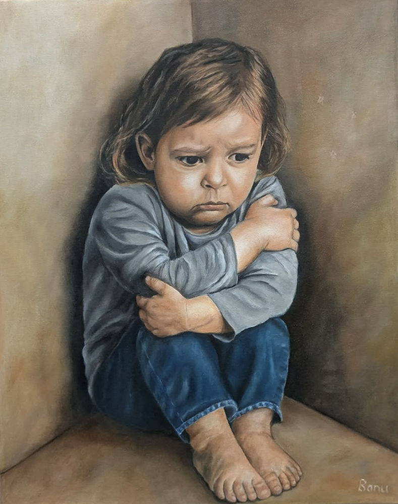 Le garçon dans le coin - Huile sur toile - 20 x 16 in - Boy in the corner - Oil on canvas